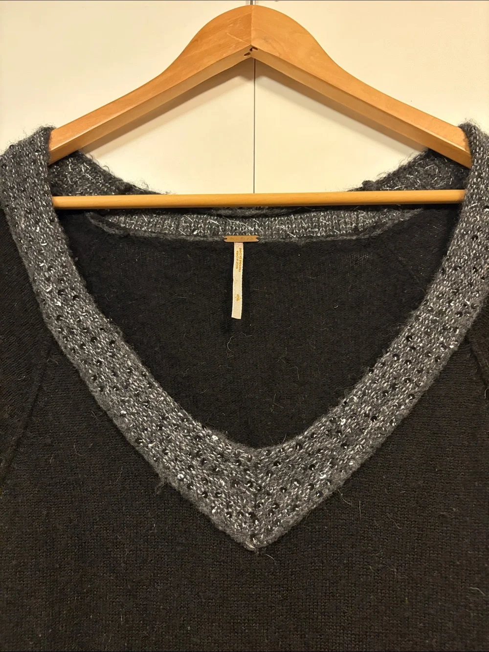 Free People Wool Black Sequin V-Neck Sweater featuring a deep V-neck S